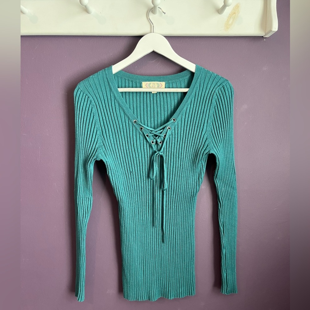 Pink Rose Stretchy Lace Up Sweater